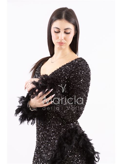 Abito lungo con paillettes e piume MARICLA ELEGANCE | SS23126NERO